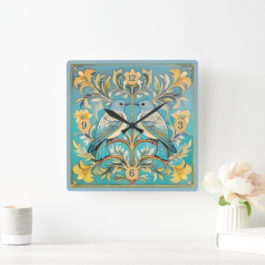 Elegante Art Nouveau Vogels Pat#23 Blauwgroen Perz Vierkante Klok (Huis)