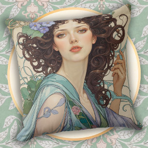 Elegante Art Nouveau vrouw met donker haar Kussen