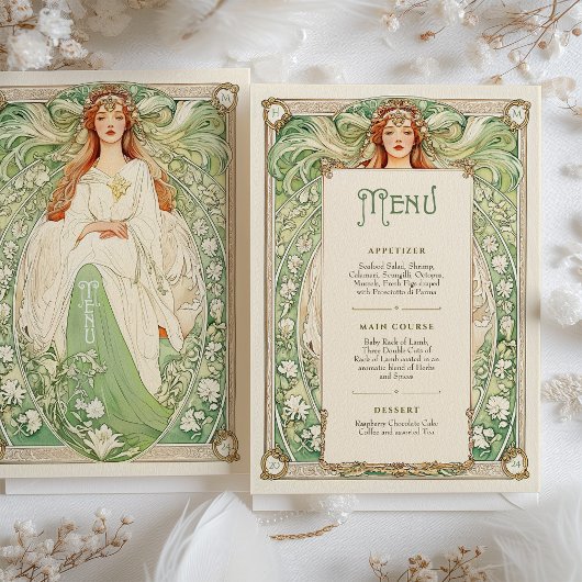Elegante Art Nouveau Wedding Menu Kaart met Godin