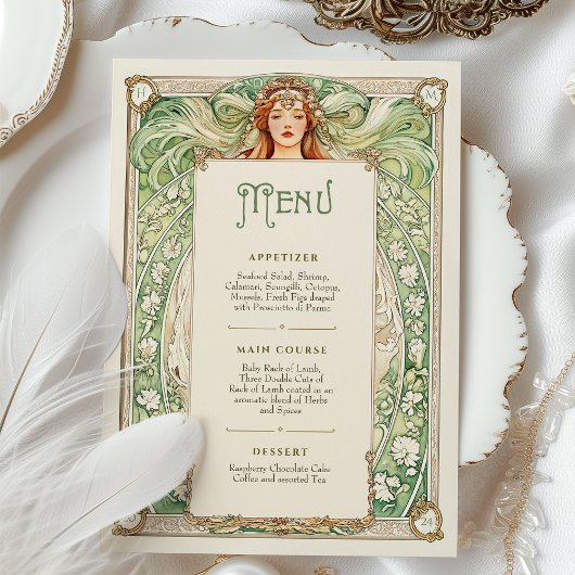 Elegante Art Nouveau Wedding Menu Kaart met Godin