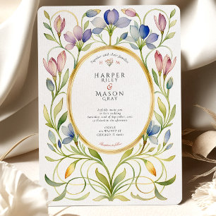 Elegante Art Nouveau-wildbloem gouden lijst bruilo Kaart