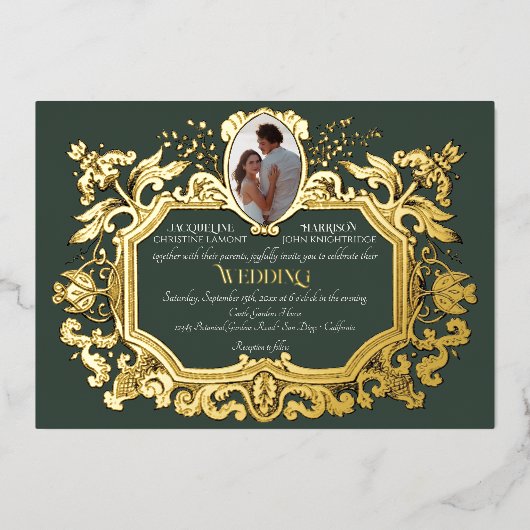 Elegante Art Nouveau Winterbos in Gouden Bruiloft Folie Uitnodiging (Voorkant)