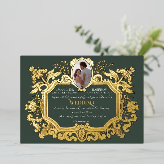 Elegante Art Nouveau Winterbos in Gouden Bruiloft Folie Uitnodiging (Staand Voorkant)