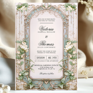 Elegante Art Nouveau Witte Bloemen Huwelijk Kaart