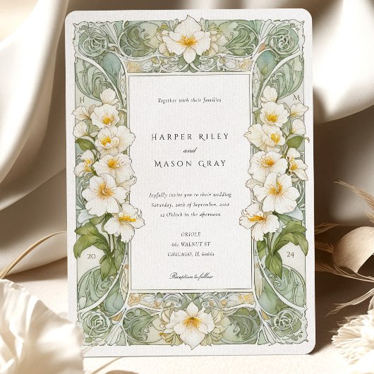 Elegante Art Nouveau witte orchidee bruiloft Kaart