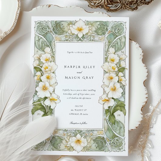 Elegante Art Nouveau witte orchidee bruiloft Kaart