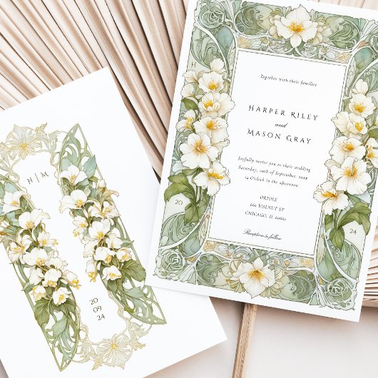 Elegante Art Nouveau witte orchidee bruiloft Kaart