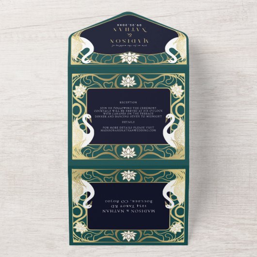 Elegante Art Nouveau zwanen bruiloft All In One Uitnodiging (Buitenkant)