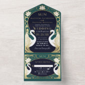 Elegante Art Nouveau zwanen bruiloft All In One Uitnodiging (Binnen)