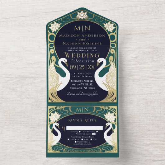 Elegante Art Nouveau zwanen bruiloft All In One Uitnodiging (Binnen)