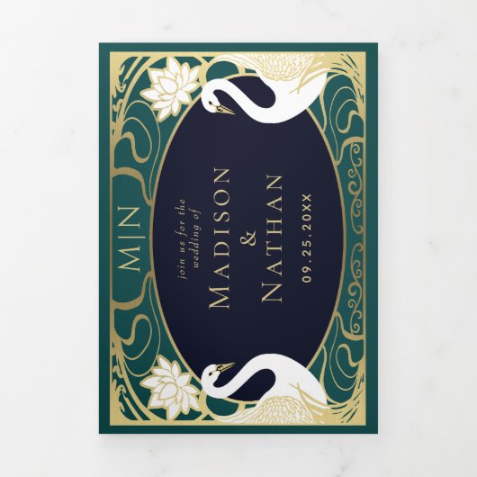 Elegante Art Nouveau zwanen bruiloft Drieluik Uitnodiging (Cover)