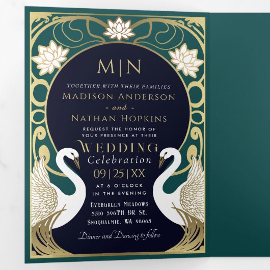 Elegante Art Nouveau zwanen bruiloft Drieluik Uitnodiging (Binnenzijde eerst)