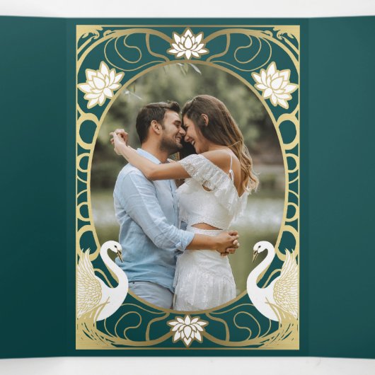 Elegante Art Nouveau zwanen bruiloft Drieluik Uitnodiging (Binnenkant midden)