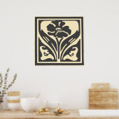 Elegante Art Nouveau Zwart Beige Bloem Poster (Keuken)
