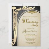 Elegante Art Nouveau Zwart & Goud Bloemen Verjaard Kaart (Voorkant)