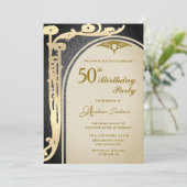 Elegante Art Nouveau Zwart & Goud Bloemen Verjaard Kaart (Staand voorkant)