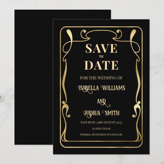 Elegante Art Nouveau Zwart & Goud Save The Date Kaart (Voorkant / Achterkant)