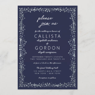 Elegante Artsy Navy Blauw Zilveren Border Wedding Kaart