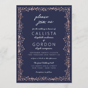 Elegante Artsy Navy Blue Roos Gold Border Wedding Kaart
