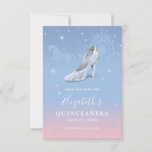Elegante Assepoester Lichtblauw en Roze Quinceaner Save The Date (Voorkant)