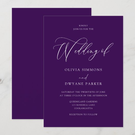 Elegante aubergine pruim moderne bruiloft kaart (Voorkant / Achterkant)