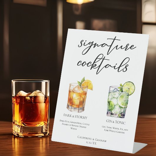 Elegante avond handtekening cocktails bruiloft men reclamebord met voetstuk