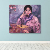 Elegante Aziatische dame met parfum en roze rozen Canvas Afdruk (Insitu (Houten vloer))