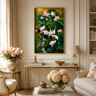 Elegante Aziatische Lotus & Kraan Goud Olie Schild Canvas Afdruk