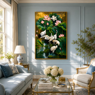 Elegante Aziatische Lotus & Kraanvogel Goud Olie S Foto Afdruk