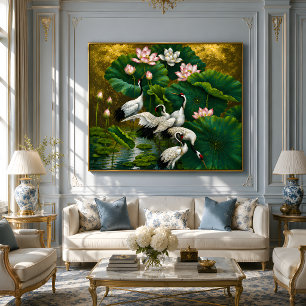 Elegante Aziatische Lotus & Kraanvogel Goud Olie S Perfect Poster