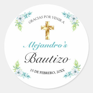 Elegante Azul Floral Oro Cruz Bautismo Gracias Ronde Sticker
