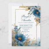 Elegante Azure Blooms & Gold Lijst bruiloft Kaart (Voorkant)