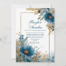 Elegante Azure Blooms & Gold Lijst bruiloft Kaart