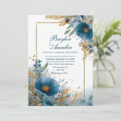 Elegante Azure Blooms & Gold Lijst bruiloft Kaart (Staand voorkant)