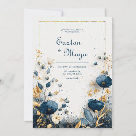 Elegante Azure Blooms Navy Gold Floral Wedding Kaart