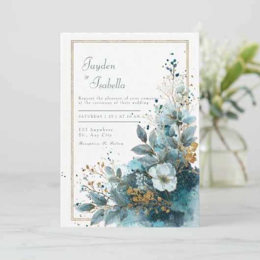 Elegante Azure Blooms Waterverf bruiloft Kaart (Staand voorkant)