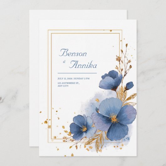 Elegante Azure Blue Blooms en Gold Leaf Wedding Kaart (Voorkant / Achterkant)