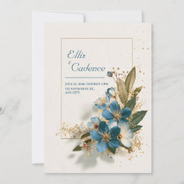 Elegante Azure Blue Floral & Gold Wedding Kaart