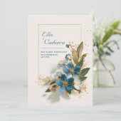 Elegante Azure Blue Floral & Gold Wedding Kaart (Staand voorkant)