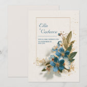 Elegante Azure Blue Floral & Gold Wedding Kaart (Voorkant / Achterkant)