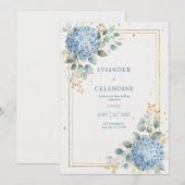 Elegante Azure Hydrangea Gold Lijst bruiloft Kaart (Voorkant / Achterkant)