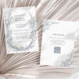 Elegante Azure Ivoor Bloemen Krans QR Code Huwelij Kaart