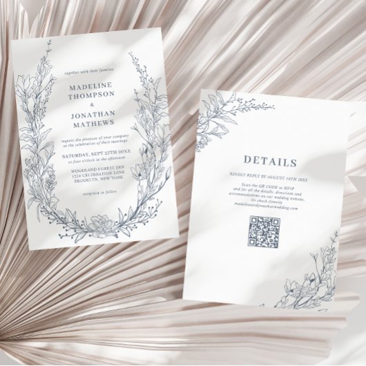 Elegante Azure Ivoor Bloemen Krans QR Code Huwelij Kaart