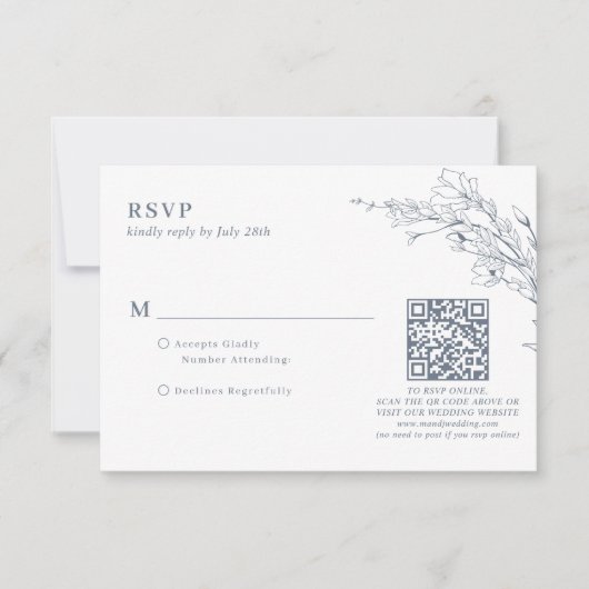 Elegante Azure Ivoor Bloemen Krans QR Code Huwelij RSVP Kaartje (Voorkant)