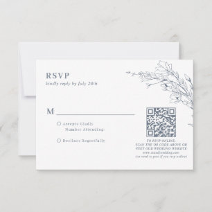 Elegante Azure Ivoor Bloemen Krans QR Code Huwelij RSVP Kaartje