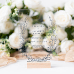 Elegante Azuur Ivoren Bloemenkrans Monogram Huweli Acryl Uitnodigingen