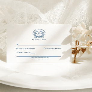 Elegante Azuurblauwe Monogram Wapen Huwelijk RSVP Kaartje