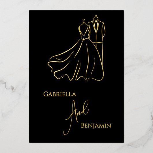 Elegante B & W bruiloft Tux & jurk Formele bruilof Folie Uitnodiging (Voorkant)