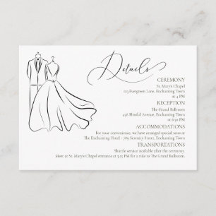 Elegante B&W Tux & Jurk Formele Bruiloft Details Informatiekaartje