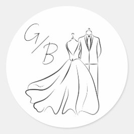 Elegante B&W Tux & Jurk Monogram Bruiloft Ronde Sticker